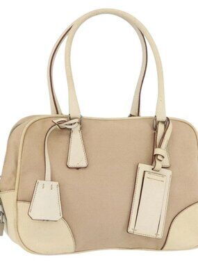 PRADA Hand Bag Canvas Beige Silver Auth YKZ813